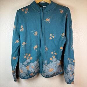 Pendleton Sweater Zip Cardigan  Marino Wool Teal Peach Flowers Vintage Women's L